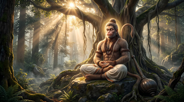 Lord Hanuman Meditating Under a Sacred Banyan Tree with Golden Sun Rays, Spiritual Hindu Digital Artwork