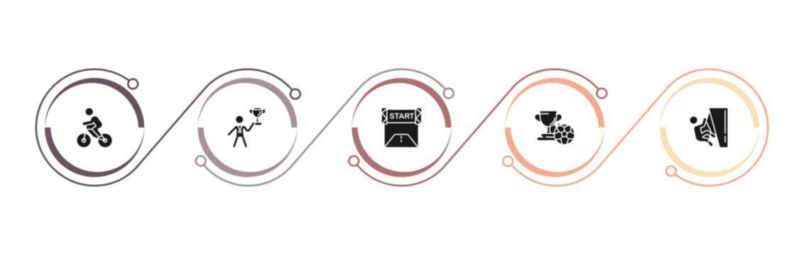 filled sports icons set - bicycle rider, man award, starting line, football cup. editable vector for web and mobile ui
