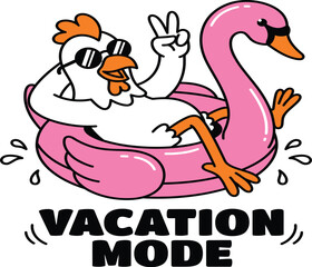 Fototapeta premium Cartoon Rooster Character Floating on Pink Swan Pool Float with Vacation Mode Typography