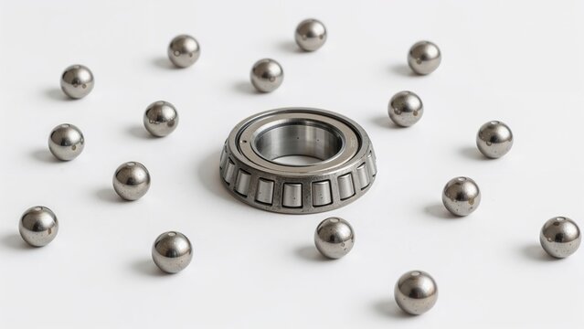 A ball bearing with metal balls surrounding it on a white background. Engineering and mechanical components, technology, and precision.