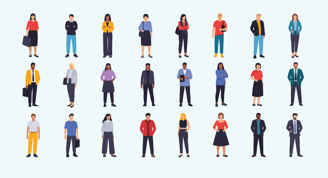 Extensive grid of diverse people characters wearing various clothing styles represents a multicultural community of individuals.