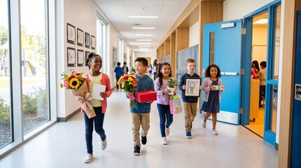 Fototapeta premium Elementary Students with Flowers and Gifts in School Hallway