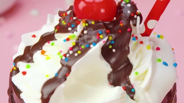 Whipped cream topped with chocolate syrup, sprinkles, and a cherry close-up