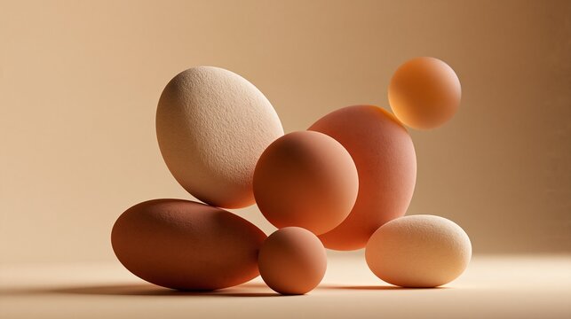 Warm terracotta stones floating in soft studio light, abstract balance