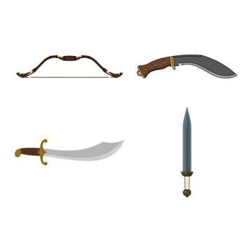 Vector illustration set of medieval fantasy weapons including bow, kukri, scimitar and sword