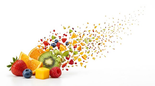 Fresh fruit pieces exploding in motion. Dynamic tropical fruit mix dissolving on white.