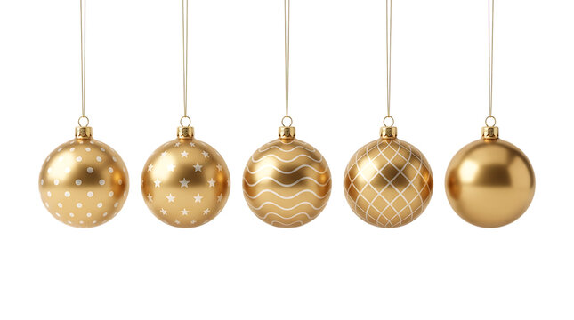 Five hanging golden christmas ornaments with various white patterns isolated on a white background for holiday design
