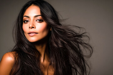 Naklejka premium A female model with long silky brown hair showcases beauty and hair care concepts highlighting shine, volume, and healthy natural movement in a studio setting.