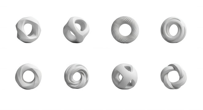 collection of abstract 3d white torus shapes isolated on a white background design elements and architectural concepts visual content