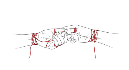 Two hands reaching toward each other are loosely connected by a tangled red thread representing fate and human connection.