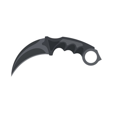 Black karambit knife vector illustration, curved tactical blade with finger ring