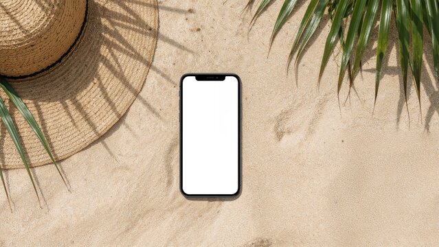 A smartphone lying on sandy surface with green plants and a straw hat nearby.