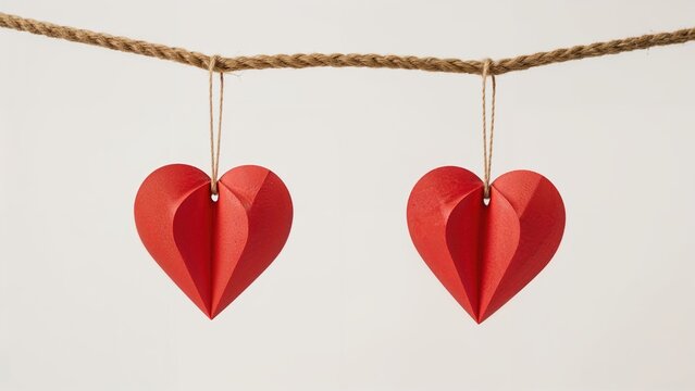 Two red paper hearts hanging from a string, symbolizing love and romance.
