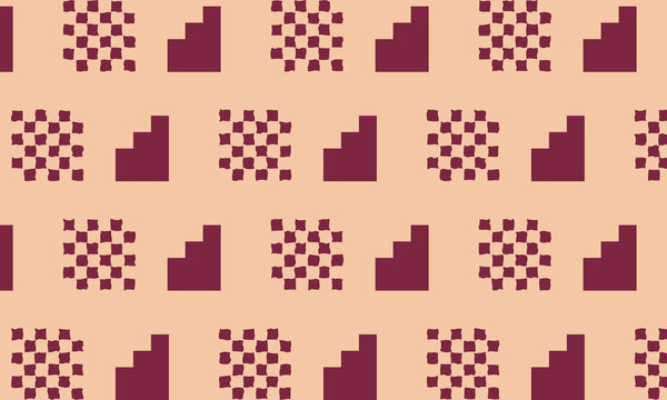 Geometric pattern with small checkered squares and stair shapes in warm beige and maroon on a light peach background