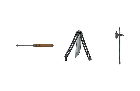 Vector set of medieval and modern weapons including a dagger, a balisong knife, and a halberd isolated on white background