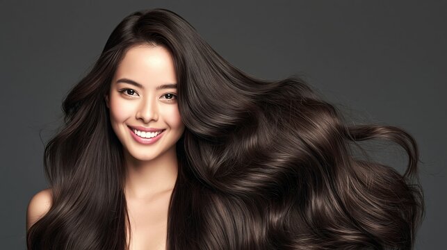 Serene Asian beauty model displays her silky healthy dark brown hair in a professional fashion advertisement featuring joyful expressions.