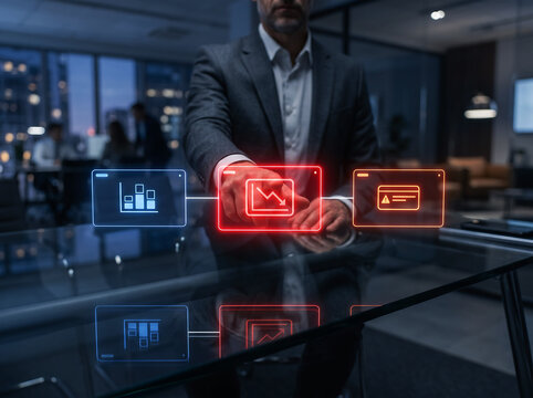 Business professional monitoring financial risk and negative market trends on virtual screen display.