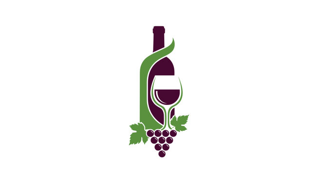 Creative logo design combining a wine bottle glass and a bunch of grapes in purple and green colors for a vineyard or winery business.