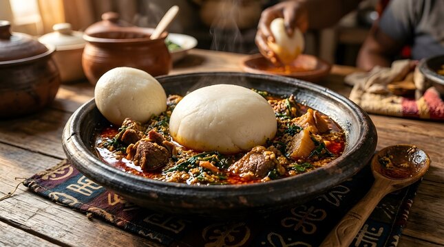 Traditional african fufu and soup, west african meal preparation with plantain and cassava, perfect for National Fufu Day