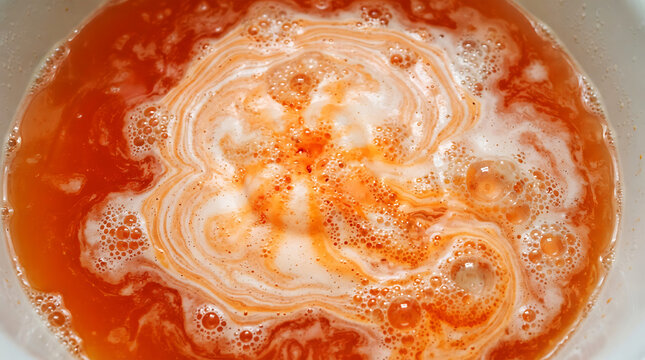 Orange bath bomb dissolving in water, creating swirling patterns