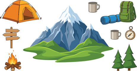 Mountain camping and hiking vector set featuring orange tent campfire backpack sleeping mat compass signpost metal mugs and pine trees illustration © MdSazib