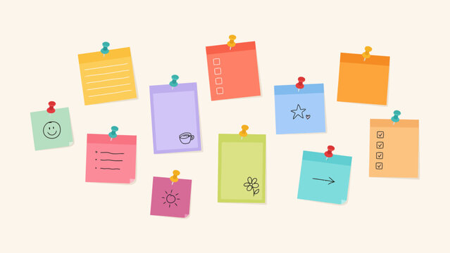 Collection of pastel colored sticky notes pinned to a light beige background vector illustration adhesive annotation background bullet points