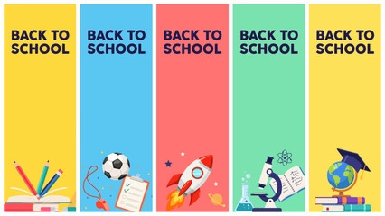 Fototapeta premium Colorful vector illustrations depicting school supplies and themes for back to school promotions education learning illustration flat design
