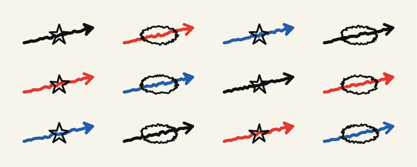 Fototapeta premium Abstract directional arrows with star and oval elements indicating progress and strategy on a light background