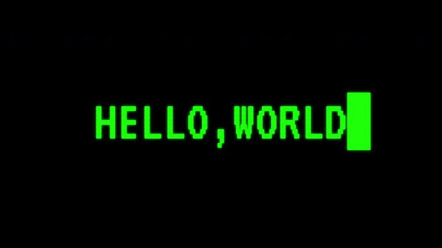 Green terminal text displaying "HELLO, WORLD" with a blinking cursor on a black screen creates a classic programming interface, ideal for coding, software development