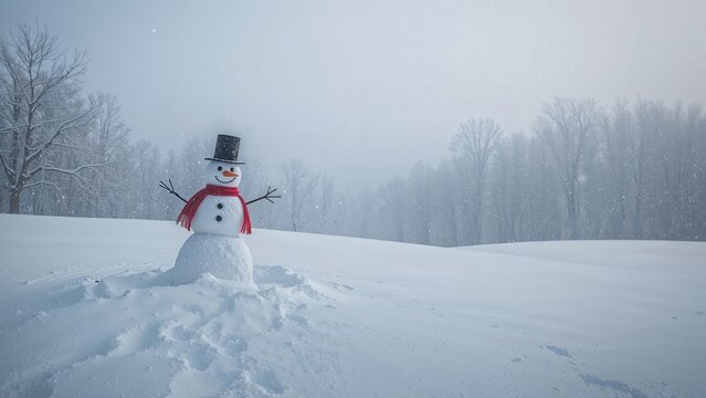 Snowman in a snowy landscape with barren trees and cloudy sky. Winter scene with a snowman wearing a hat and scarf. Cold weather and snow-covered ground.