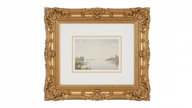 A gold ornate frame surrounding a landscape painting of a river and trees, with a white matting inside the frame.