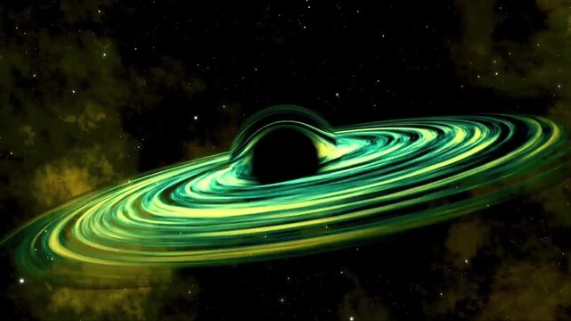 This video features a golden-green accretion disk spinning around a center of extreme gravity, set against a backdrop of nebulae and galactic stars.