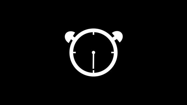Minimalist white alarm clock icon on a dark black background, simple flat style time symbol motion graphics