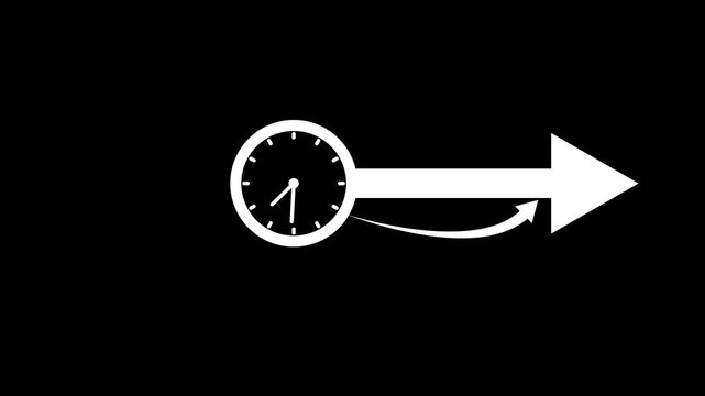 Minimalist white clock with arrow pointing right on a black background, concept of moving forward in time and deadline motion graphics loop