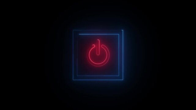 Glowing neon power button icon with blue frame on a black background, futuristic abstract turn on off symbol motion graphics loop