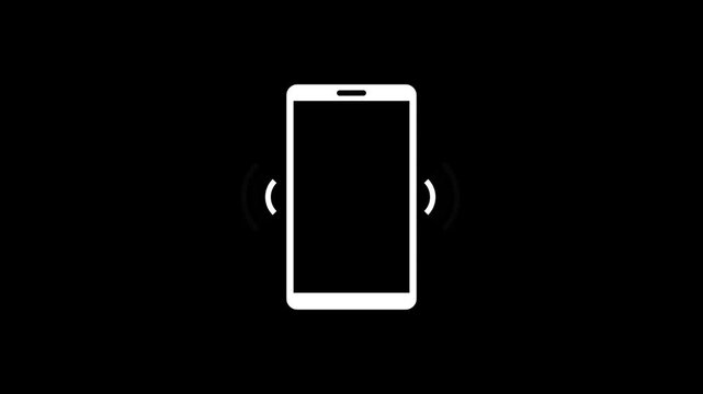 Minimalist white smart phone vibrating icon on a black background, calling or notification concept flat style motion graphics loop.