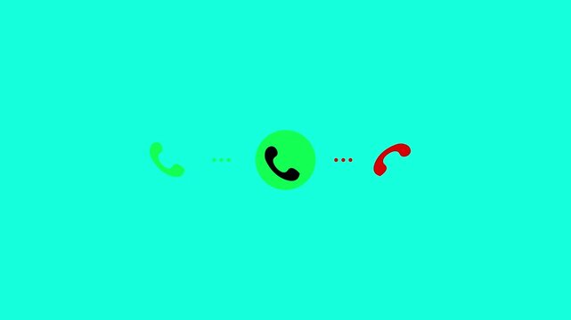 Flat style incoming call interface with green accept and red decline icons on a turquoise background, communication motion graphics loop