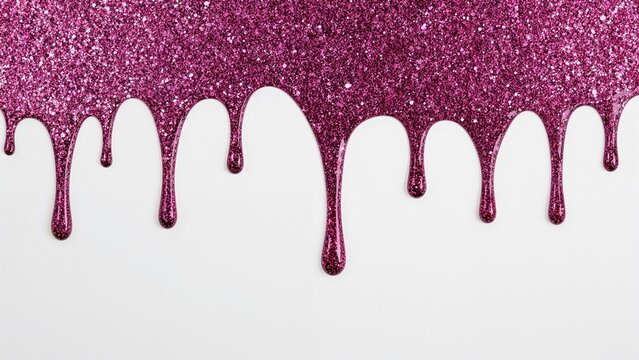 Glittery pink liquid drop pattern with glitter particles on top of white background. Decorative design with sparkling elements.