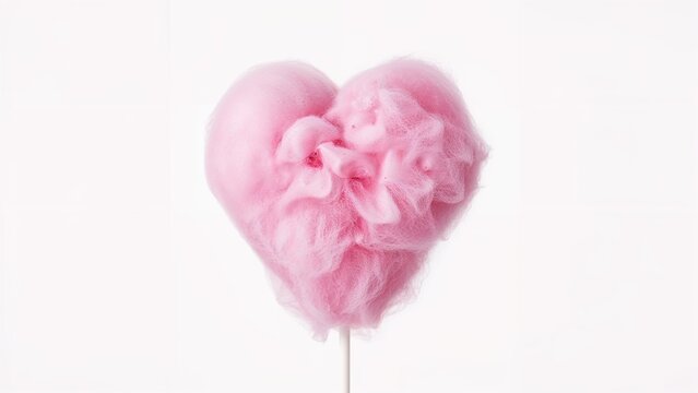 Pink fluffy heart-shaped cotton candy on a stick.