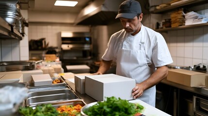 Obraz premium A chef in a commercial kitchen prepares takeout boxes for delivery orders using fresh ingredients and stainless steel equipment