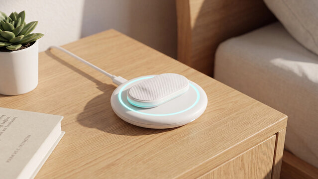 Wireless charging pad illuminates with a soft cyan ring while powering a white device on a wooden bedside table.
