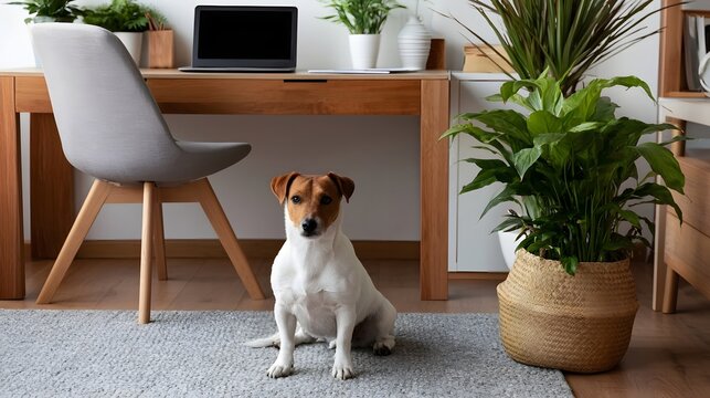 A small dog sits attentively on a rug near a wooden desk and potted plants in a bright  modern home office space