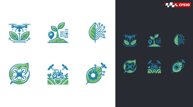 Collection of modern agriculture technology logos and icons, featuring drones, plants, and digital elements.