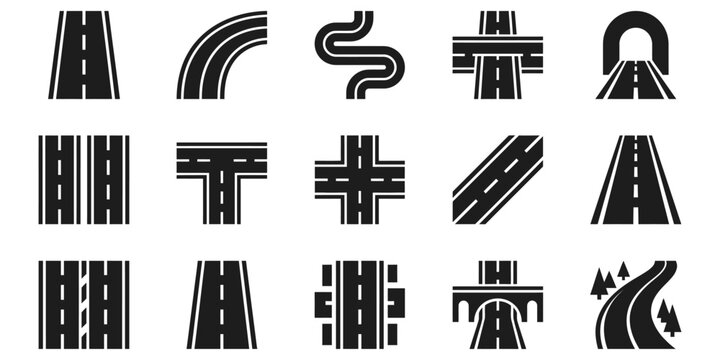 Black and white road and highway intersection icons set.