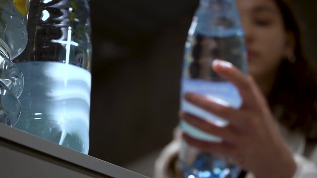 A Thoughtful Moment by Bottled Water: Reflecting on Life Choices with a Young Woman in a Softly Lit Setting