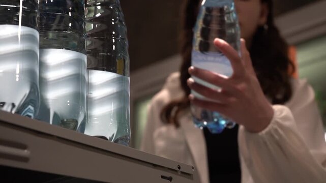 A young woman observing a row of illuminated water bottles, capturing the interplay of light and transparency within a modern, minimalist setting.