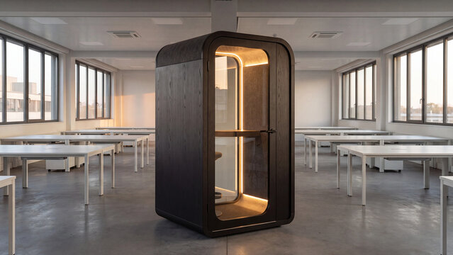 Office phone booth with warm interior lighting stands isolated in a spacious modern workspace with large windows.