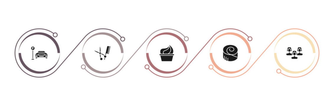 filled hotel and restaurant icons set - parking, barbershop, frozen yogurt, cinnamon roll. editable vector for web and mobile ui