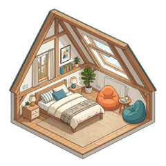 Isometric A-frame bedroom with wood beams. © Untung