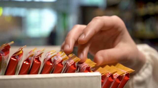 A Hand Reaches for Colorful Snack Packages in a Shopping Display, Highlighting a Sense of Anticipation and Excitement in a Retail Environment